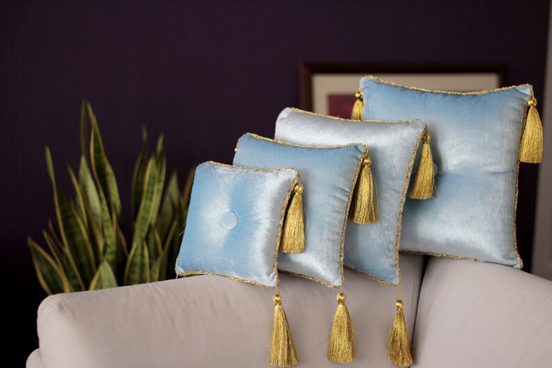 Pale Blue Velvet Pillow With Tassel and Piping Stand Pillow Etsy