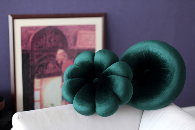 Emerald Green velvet round & flower pillow decorative pillow dark green throw pillow circular cushion image 4