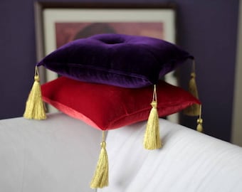 Velvet pillow 14" with golden tassel red or purple, stand pillow, display pillow , baptism cushion, decorativ pillow,gold tasseled pillow