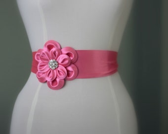Hot pink satin small flower wedding dress belt / sash, night dress belt,Cocktail dress belt, bridesmaid sash