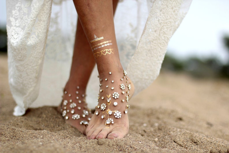 Glowing flowers barefoot sandal, beach wedding barefoot sandals,footcuff, wedding anklet,nude shoes,ankle cuff image 2