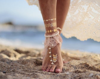 Pink barefoot sandal&Dance of the pearls with frilly guipure beach wedding barefoot sandals, wedding anklet,boho sandal,lace anklet