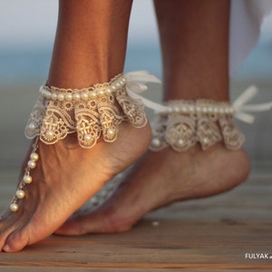 Barefoot sandal&Dance of the pearls with frilly guipure beach wedding barefoot sandals, wedding anklet,nude shoes,boho sandal,cuff image 2
