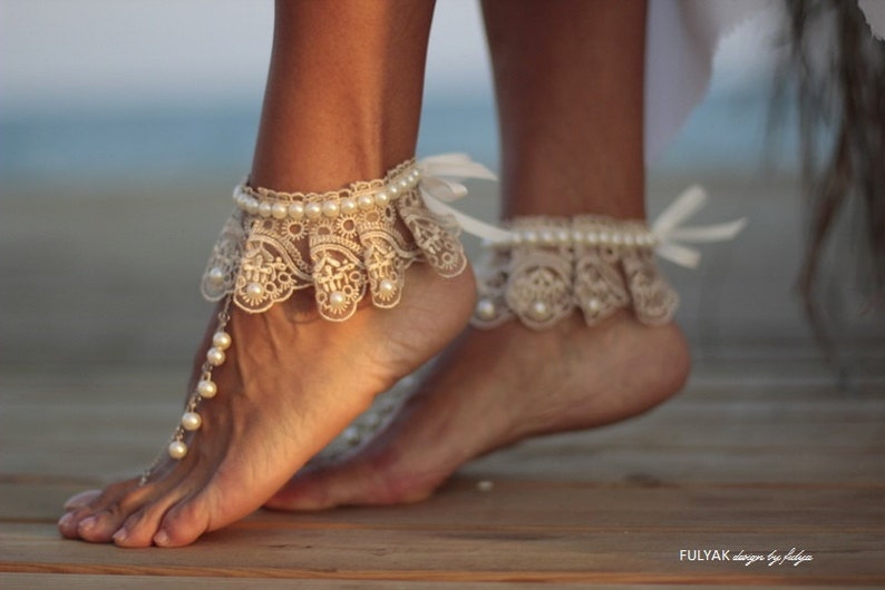 Barefoot sandal&Dance of the pearls with frilly guipure beach wedding barefoot sandals, wedding anklet,nude shoes,boho sandal,cuff image 2