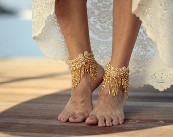 Gold bead tasseled bohemian ankle cuff, barefoot sandal,bridal shoe accessories