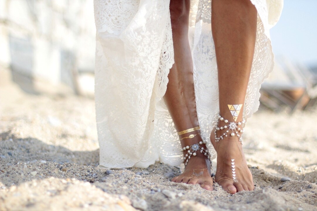 Wedding Dress Barefoot Beach Wedding Shoes Ivory Gold Sandal Beach