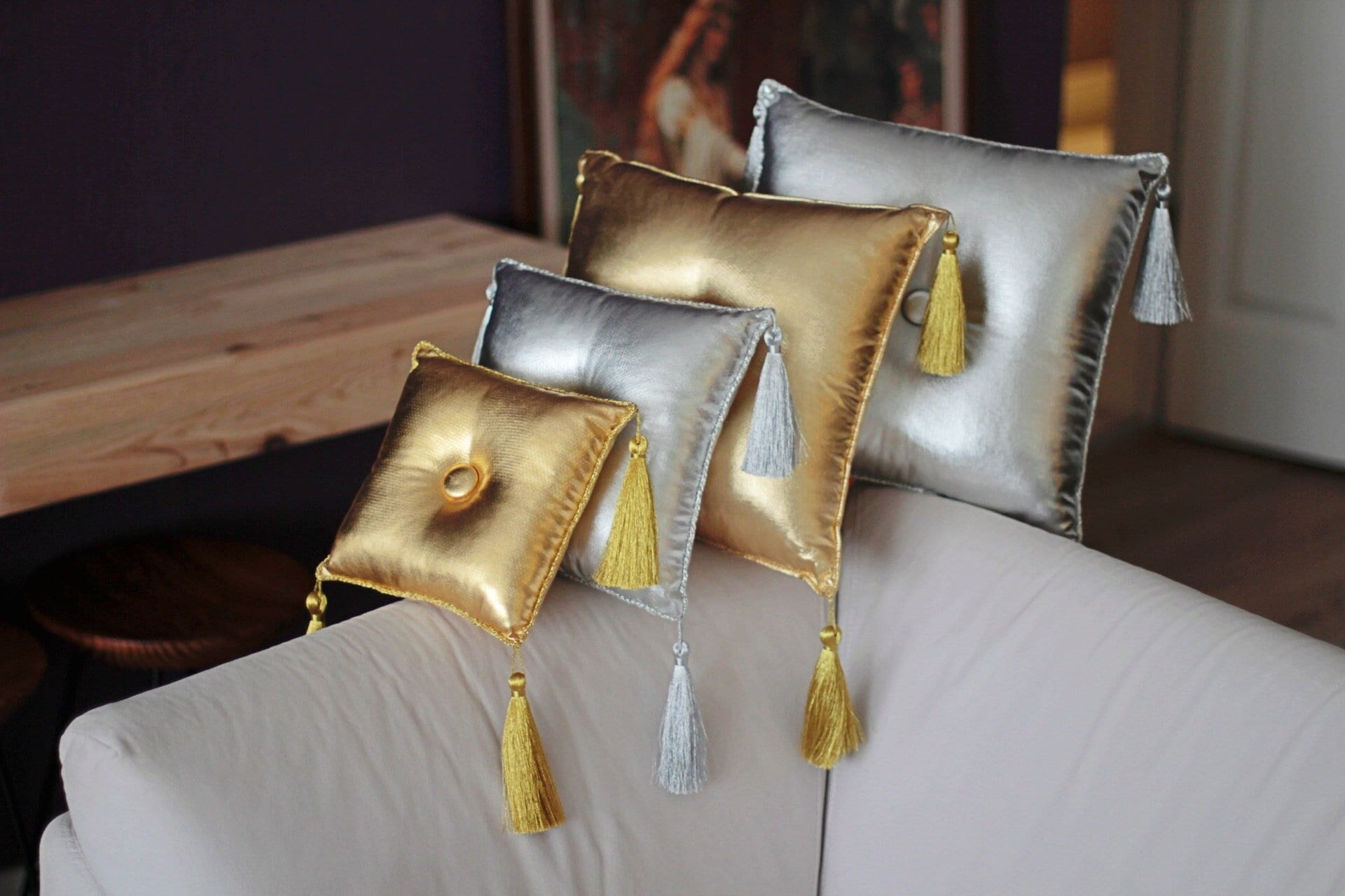 Gold and Silver Color Pillow With Tassel and Piping Stand Pillow display Pillow baptism Cushion throw Pillow gold Tasseled Pillow Etsy