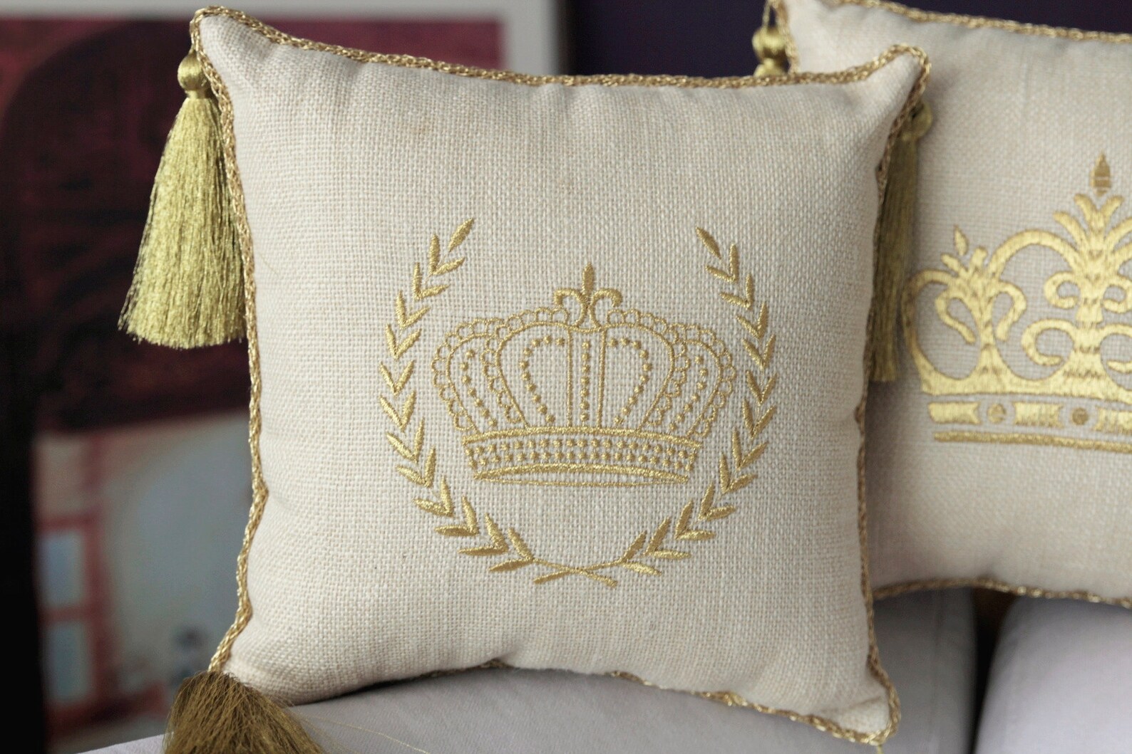 Burlap Pillow With Golden Tassel Crown Embroideredstand Etsy