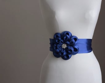 Royal Blue  satin flower wedding dress belt / sash, night dress belt,Cocktail dress belt, bridesmaid sash