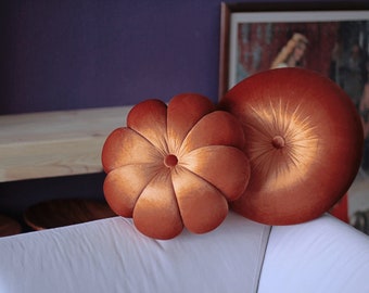 Burnt orange color velvet flower, round throw pillow, round cushion, flower cushion, circular pillow, flower shape pillow