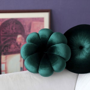 Emerald Green velvet round & flower pillow decorative pillow dark green throw pillow circular cushion image 3