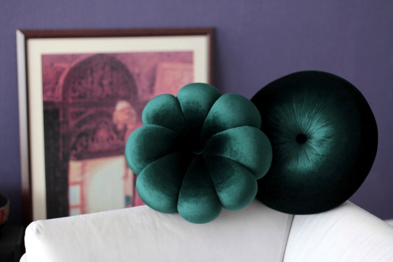 Emerald Green velvet round & flower pillow decorative pillow dark green throw pillow circular cushion image 3