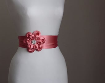 Coral satin small flower wedding dress belt / sash