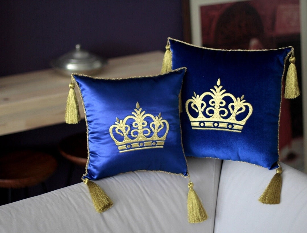 Royal Pillow With Golden Tassel Crown Embroidered stand Pillow Display Pillow Baptism Cushion Decorativ Pillow gold Tasseled Pillow Etsy