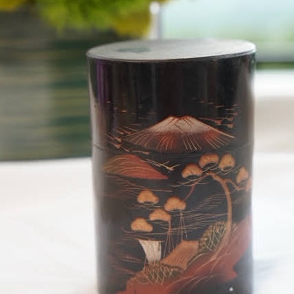 Vintage Japanese tin loose leaf hand painted tea caddy