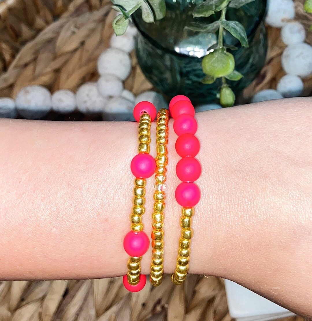 Pink Beaded Bracelet Stack, Hot Pink Jewelry, Gifts for Her, Gifts for ...