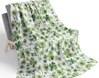 Clover Ladybug Blanket, St Patrick’s Day Decor, Shamrock Throw, Velveteen Plush, Sherpa Fleece, Spring Home Decor, Hostess Housewarming Gift