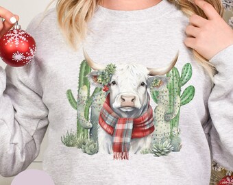 Sudadera de vaca de las tierras altas de Navidad occidental, camisa country occidental, camisa de vaca de Navidad, suéter de invierno, camisa amante de las vacas, Navidad de granja