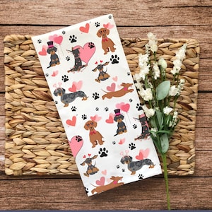 Dachshund Valentines Day Hand Towel, Wiener Dog Gift, Kitchen Bathroom Valentine Home Decor, Doxie Lover Present, Hostess Housewarming Gift