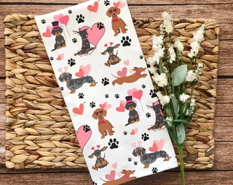 Dachshund Valentines Day Hand Towel, Wiener Dog Gift, Kitchen Bathroom Valentine Home Decor, Doxie Lover Present, Hostess Housewarming Gift