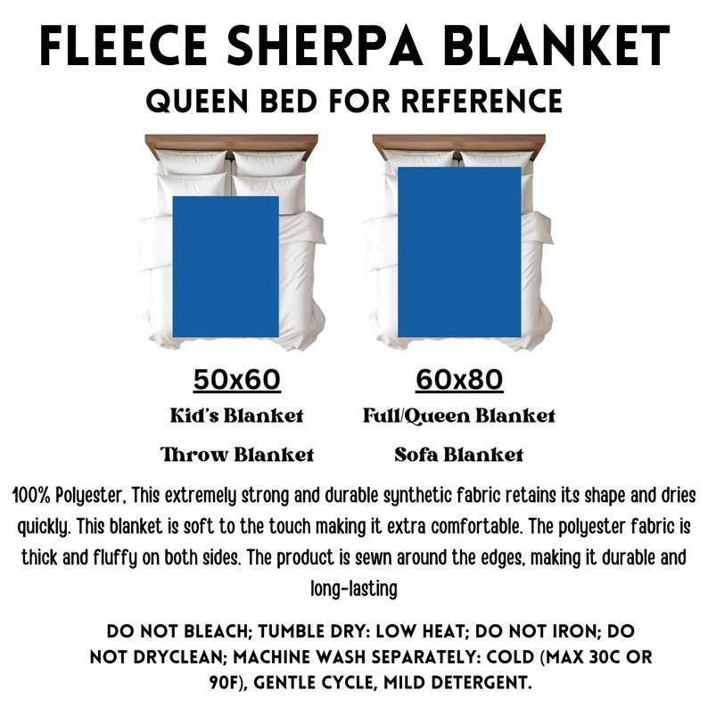 May include: A queen-sized bed with two fleece sherpa blankets, one measuring 50x60 inches and the other 60x80 inches. The smaller blanket is labeled "Kid's Blanket" and "Throw Blanket", while the larger one is labeled "Full/Queen Blanket" and "Sofa Blanket". The text "100% Polyester" is visible at the bottom of the image, along with care instructions.