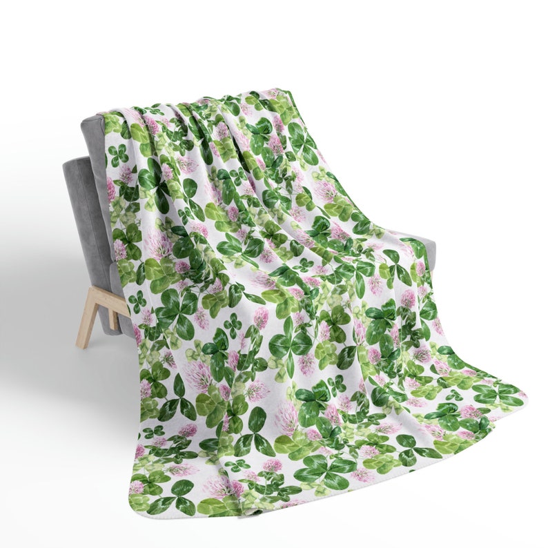 Pink Clover Blanket, St Patricks Day Spring Home Decor, Floral Shamrock Throw Blanket, Velveteen Plush, Sherpa Fleece, Plant Mom Gift image 1