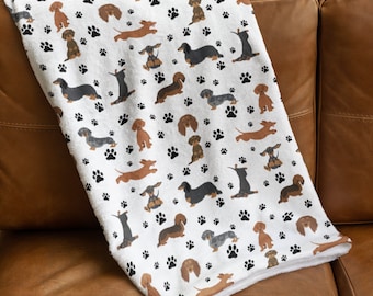 Dachshund Blanket, Dog Mom Gift, Velveteen Plush, Sherpa Fleece, Doxie Couch Throw, Wiener Dog Home Decor, Pet Bedding, Baby Toddler Blankie