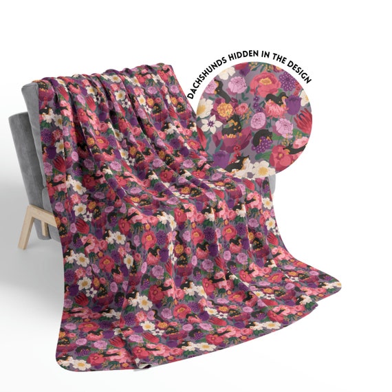 Dachshund Floral Blanket, Doxie Mom Gift, Wiener Dog Throw, Velveteen Plush, Sherpa Fleece, Home Decor, Pet Bedding, Hostess Housewarming