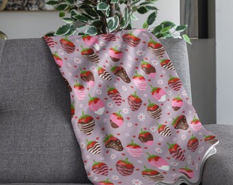 Chocolate Strawberry Valentines Day Blanket, Velveteen Plush, Valentine Home Decor, Valentine Gift, Hostess Housewarming Gift, Kids Blanket