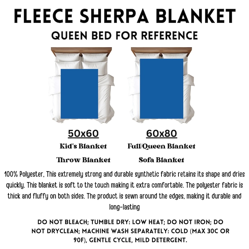 Puede incluir: Una cama tama&ntilde;o queen con dos mantas de sherpa de forro polar, una mide 50x60 pulgadas y la otra 60x80 pulgadas. La manta m&aacute;s peque&ntilde;a est&aacute; etiquetada como "Kid's Blanket" y "Throw Blanket", mientras que la m&aacute;s grande est&aacute; etiquetada como "Full/Queen Blanket" y "Sofa Blanket". El texto "100% Polyester" es visible en la parte inferior de la imagen, junto con las instrucciones de cuidado.