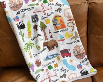 California Blanket, Cali Home Decor, Velveteen Plush, Sherpa Fleece, Housewarming Gift, Throw, Hollywood, San Diego, San Francisco Throw