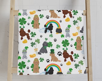 St Patricks Day Poodle Hand Towel, Dog Mom Gift, Irish Shamrock Clover Home Decor, Kitchen Bathroom Decorative Tea Towel, Hostess Gift