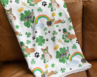 St Patricks Day Corgi Blanket, Dog Mom Gift, Shamrock Clover Irish Home Decor, Velveteen Plush, Sherpa Fleece, Pet Bedding, Couch Throw