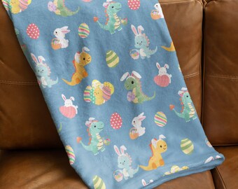 Easter Bunny Dinosaur Blanket, Spring Home Decor, Kids Easter Basket Gift, Velveteen Plush, Couch Throw, Toddler Birthday Gift, Pet Bedding