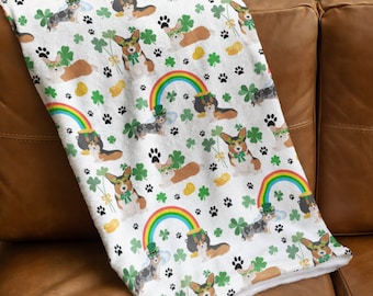 St Patricks Day Corgi Blanket, Spring Home Decor, Dog Mom Gift, Velveteen Plush, Sherpa Fleece, Pet Bedding, Irish Shamrock Clover Throw