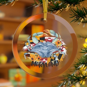Maryland Flag Blue Crab Glass Ornament, Home Christmas, Maryland Keepsake, Baltimore Souvenir, Maryland Gift, Ocean City, Frederick, Holiday