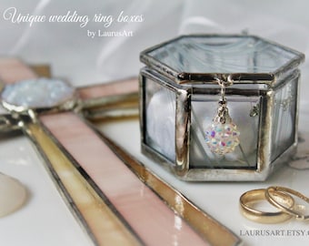Unique wedding gift set, Heirloom quality glass ring box and a wall cross, Silvery ring bearer box, Christian wedding decor, Handmade gifts
