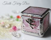 Tooth fairy keepsake box for girls, Unique baby tooth keepsake, Hand painted pink glass box, Baptism gift for her, First tooth memory box