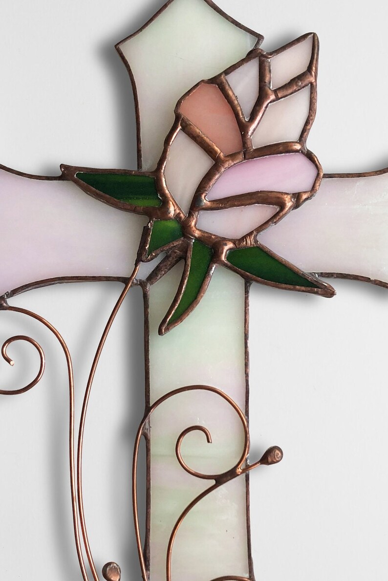 Iridescent White Stained Glass Cross With a Pink Rose Etsy