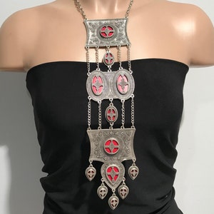 Handmade Kazakh Style Statement Necklace: 23&quot; Silver Metal Chain
