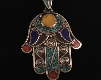 CLEARANCE! Hamza pendant-Hands Of Fatima Pendant-Vintage Pendant Statement Jewelry Tribal ethnic Turquoise Jewelry-Hand pendant