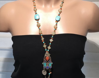 CLEARANCE! Hamza pendant-Hands Of Fatima Pendant-Vintage Pendant Statement Jewelry Tribal ethnic Turquoise Jewelry-Hand pendant