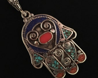 CLEARANCE! Hamza pendant-Hands Of Fatima Pendant-Vintage Pendant Statement Jewelry Tribal ethnic Turquoise Jewelry-Hand pendant