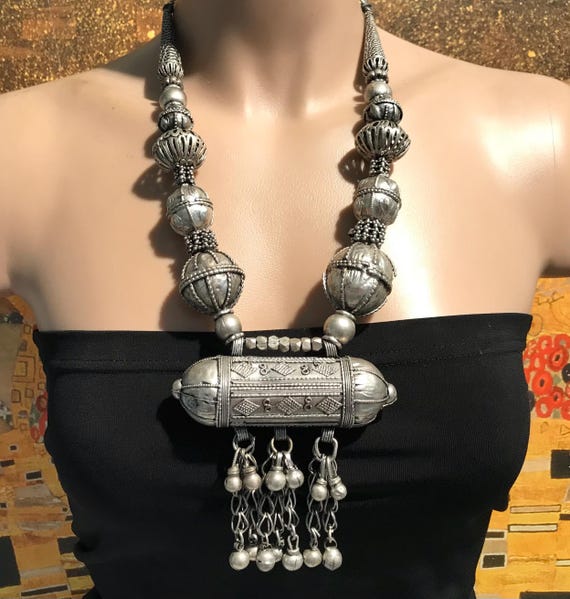 Collier Hématite + Pendentif Argent Grelots Berbère - Vintage - Occasion - Style Ethnique