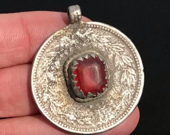 Old Coin  pendant- Kuchi Jewellery- Red Pendant-Old Banjaran Necklace-Ethnic Middle Eastern- jewelry
