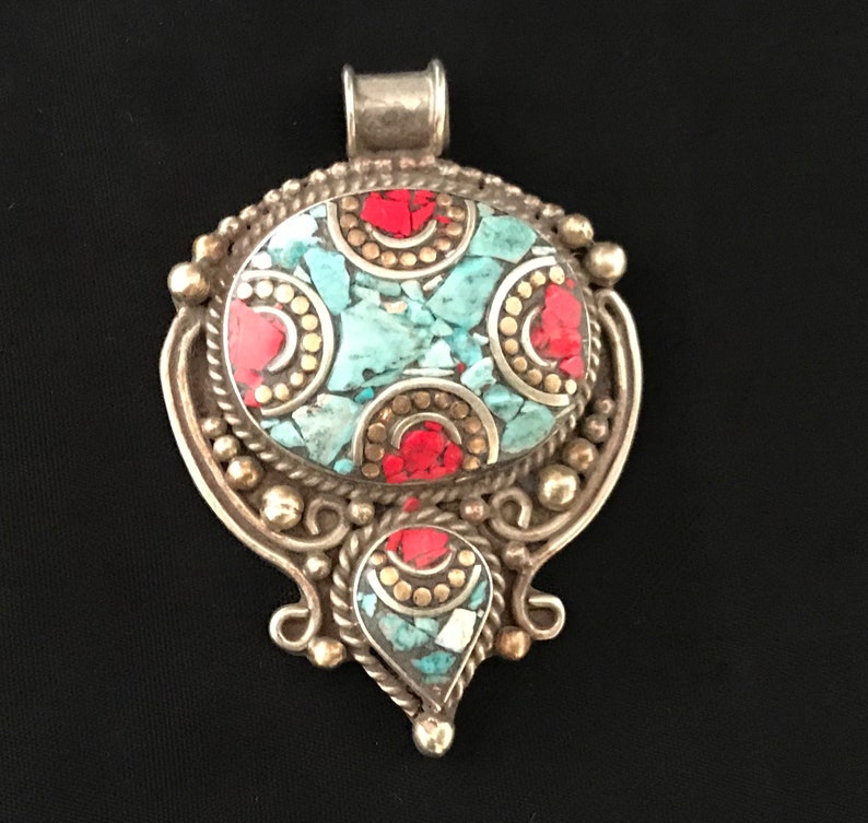 Hand pendant Coral Turquoise pendant Vintage Navajo Pendant Khamsa pendant-Hands Of Fatima Pendant Protection Pendent