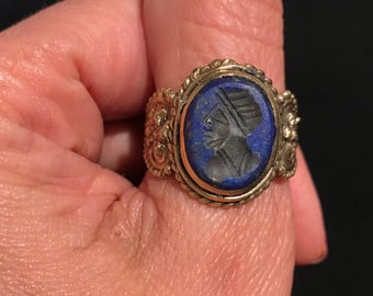 Hand Engraved Lapis Lazuli Ring, Turkmen Tribal Metal Jewelry, Size 7