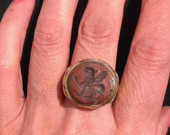 Handcrafted Afghan Tribal Ring: Engraved Red Howlite , Size 7.5