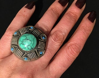Vintage Turkmen Turquoise Ring - Tribal Afghan Jewelry Size 9