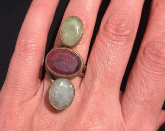Vintage Kuchi Tribe Ring, Bohemian Metal Glass Size 7, Afghan Tribal Jewelry